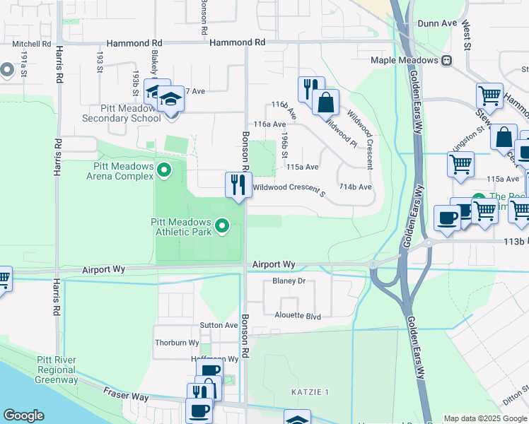map of restaurants, bars, coffee shops, grocery stores, and more near 19646 Joyner Place in Pitt Meadows