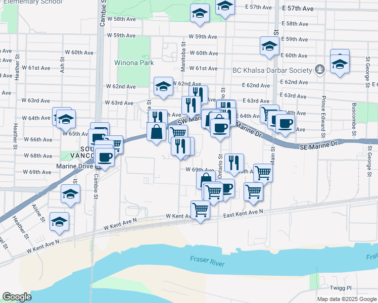 map of restaurants, bars, coffee shops, grocery stores, and more near in Vancouver