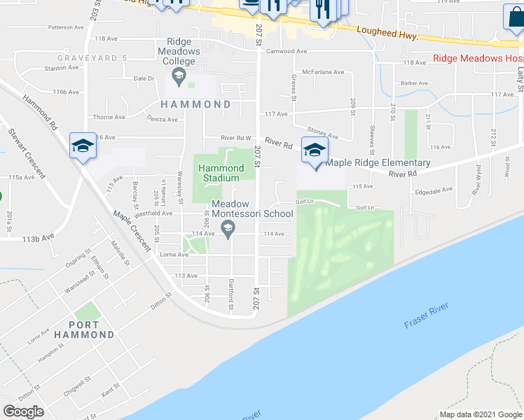 map of restaurants, bars, coffee shops, grocery stores, and more near 20713 Golf Lane in Maple Ridge