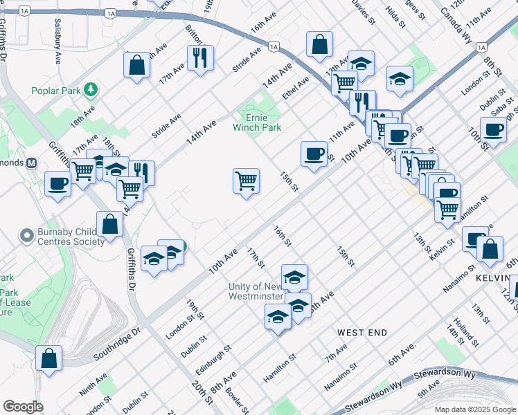 map of restaurants, bars, coffee shops, grocery stores, and more near 7770 16th Street in Burnaby