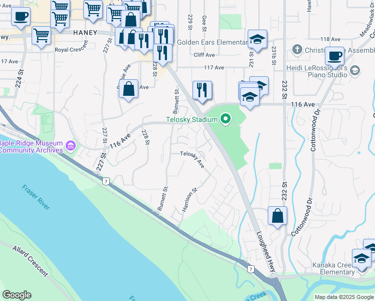 map of restaurants, bars, coffee shops, grocery stores, and more near 22841 Telosky Avenue in Maple Ridge