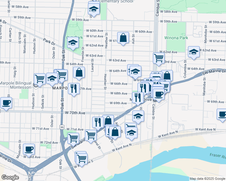 map of restaurants, bars, coffee shops, grocery stores, and more near 765 West 68th Avenue in Vancouver