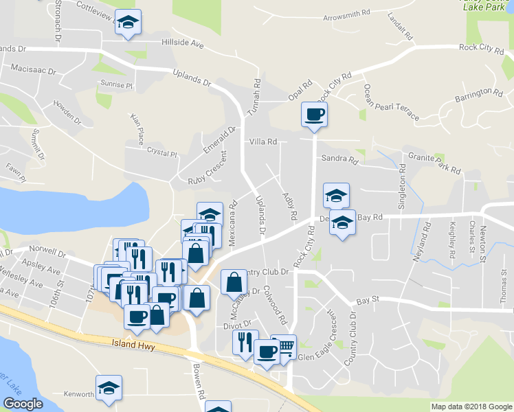 map of restaurants, bars, coffee shops, grocery stores, and more near 3161 Uplands Drive in Nanaimo