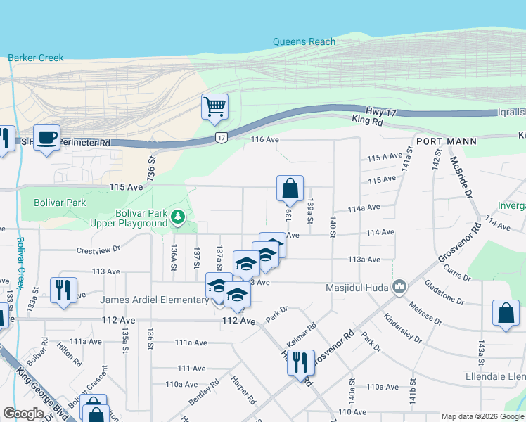 map of restaurants, bars, coffee shops, grocery stores, and more near 11448 138A Street in Surrey