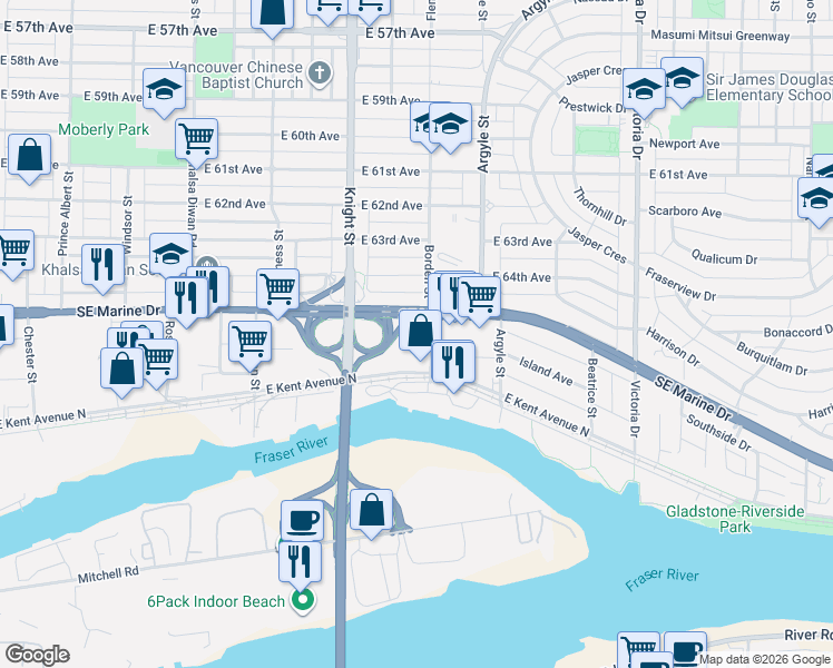 map of restaurants, bars, coffee shops, grocery stores, and more near 1532 Southeast Marine Drive in Vancouver