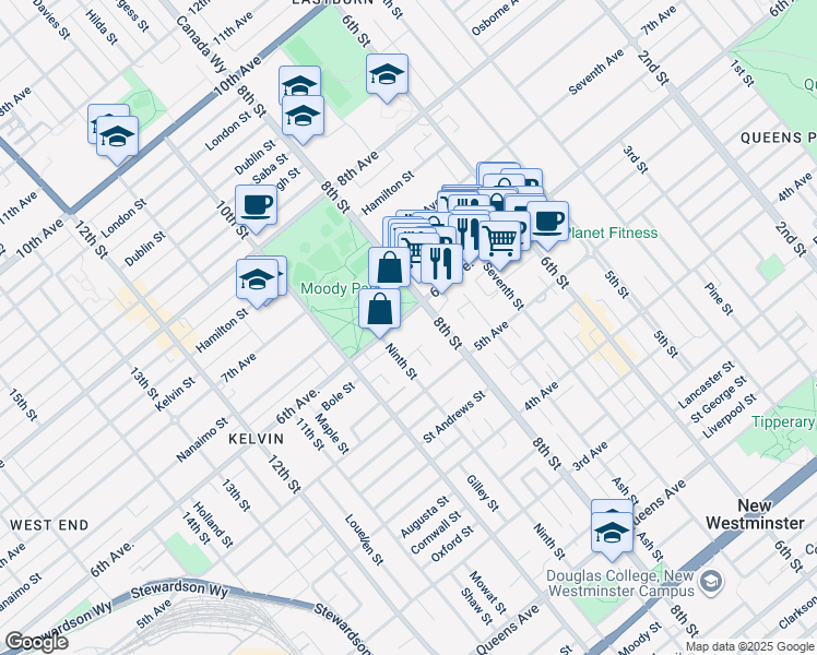map of restaurants, bars, coffee shops, grocery stores, and more near 820 6th Avenue in New Westminster