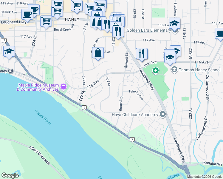 map of restaurants, bars, coffee shops, grocery stores, and more near 11506 228 Street in Maple Ridge
