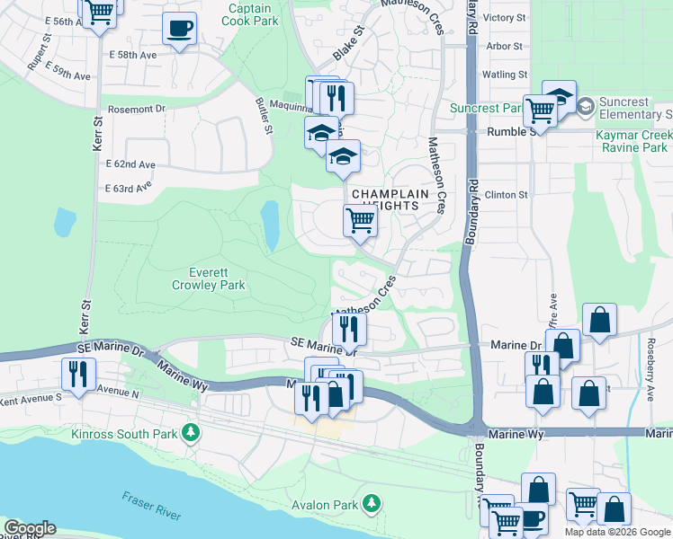 map of restaurants, bars, coffee shops, grocery stores, and more near 3407 Lynmoor Place in Vancouver