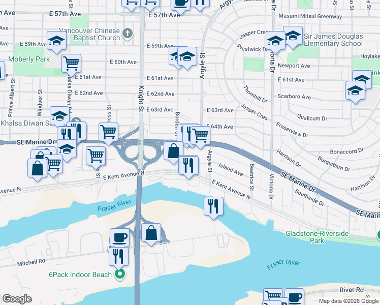 map of restaurants, bars, coffee shops, grocery stores, and more near 1628 Southeast Marine Drive in Vancouver