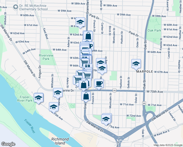 map of restaurants, bars, coffee shops, grocery stores, and more near 8333 French Street in Vancouver