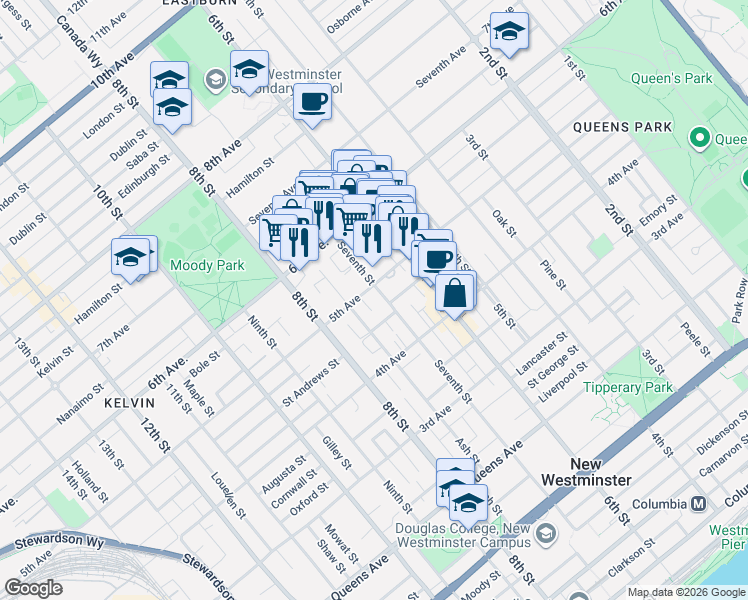map of restaurants, bars, coffee shops, grocery stores, and more near in New Westminster