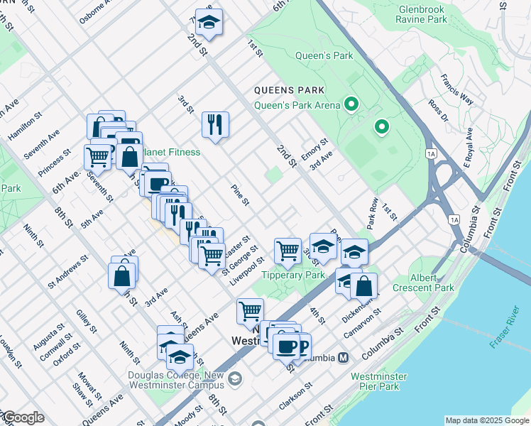 map of restaurants, bars, coffee shops, grocery stores, and more near 316 Pearson Street in New Westminster