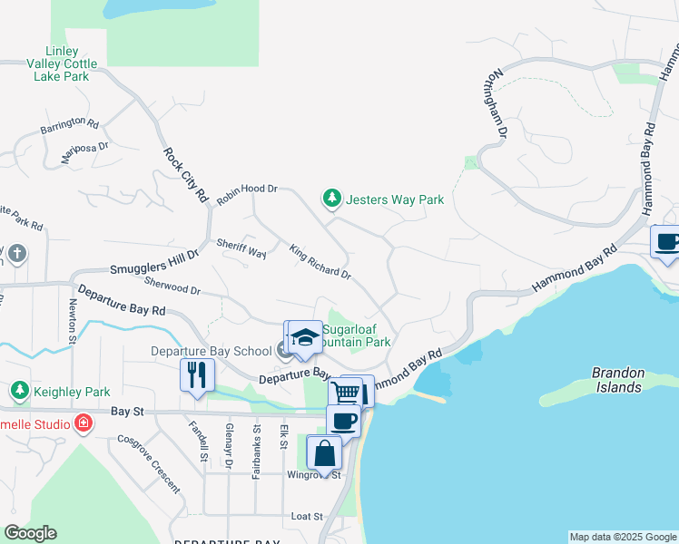map of restaurants, bars, coffee shops, grocery stores, and more near King Richard Drive in Nanaimo