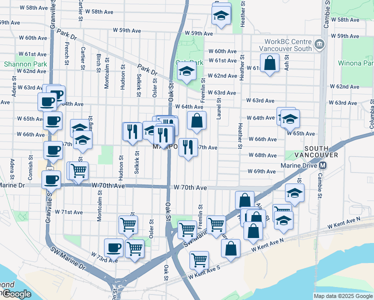 map of restaurants, bars, coffee shops, grocery stores, and more near 8322 Shaughnessy Street in Vancouver