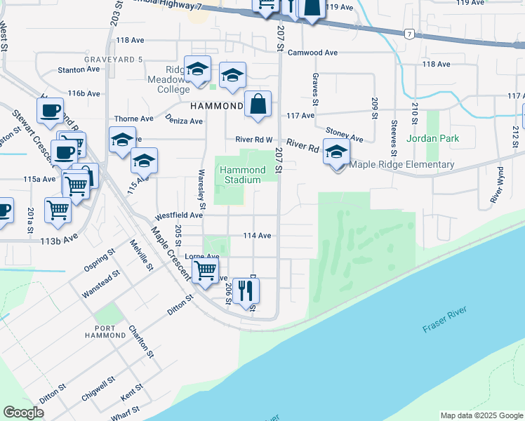 map of restaurants, bars, coffee shops, grocery stores, and more near 20665 Westfield Avenue in Maple Ridge