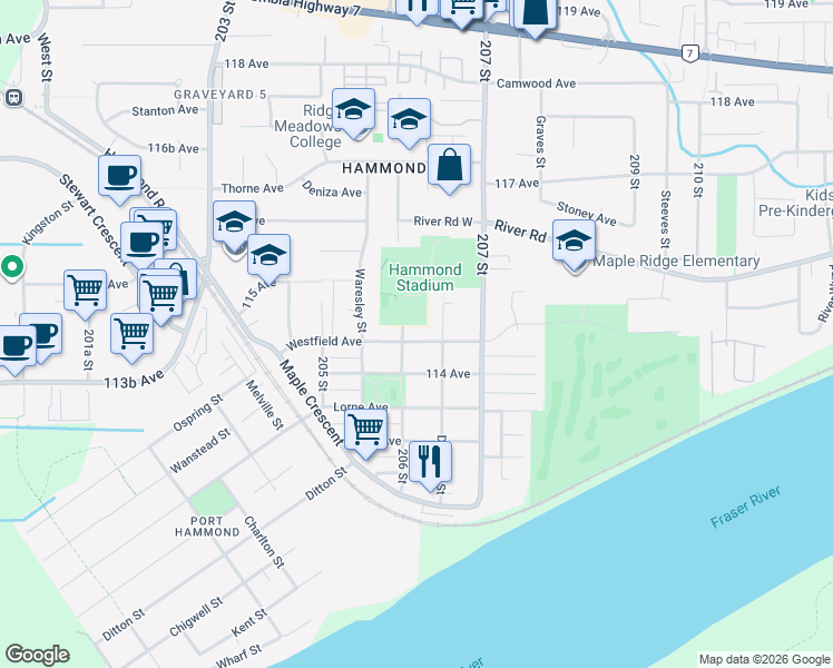 map of restaurants, bars, coffee shops, grocery stores, and more near 20615 Westfield Avenue in Maple Ridge