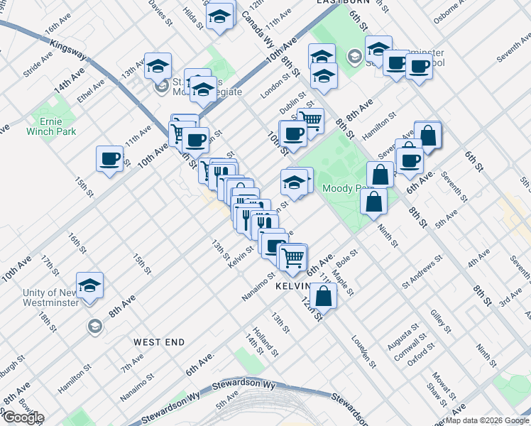 map of restaurants, bars, coffee shops, grocery stores, and more near 1105 Hamilton Street in New Westminster