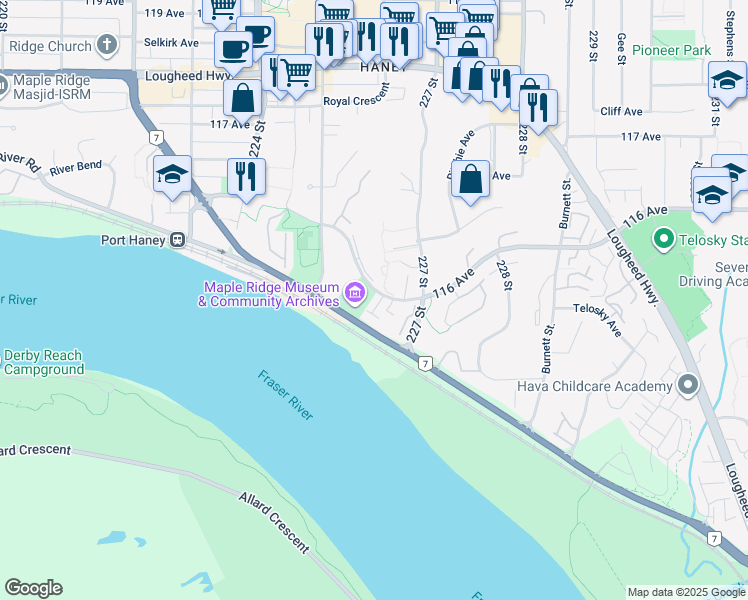 map of restaurants, bars, coffee shops, grocery stores, and more near 22538 116 Avenue in Maple Ridge