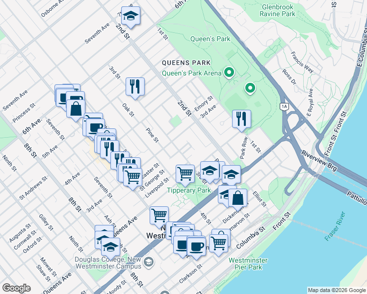 map of restaurants, bars, coffee shops, grocery stores, and more near 224 Townsend Place in New Westminster