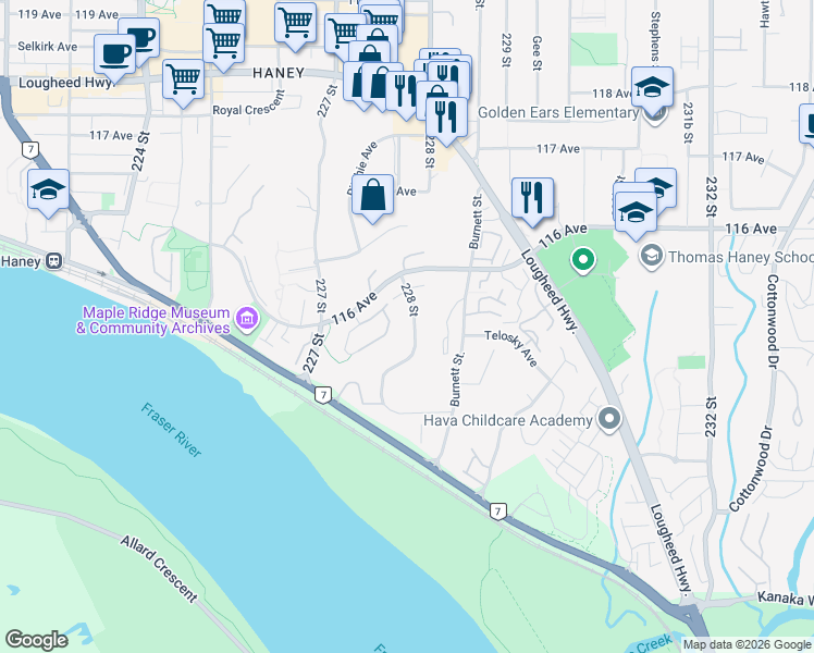 map of restaurants, bars, coffee shops, grocery stores, and more near 11506 228 Street in Maple Ridge