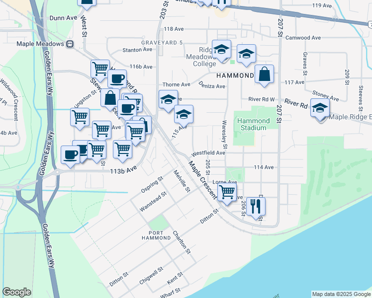 map of restaurants, bars, coffee shops, grocery stores, and more near 11412 Maple Crescent in Maple Ridge