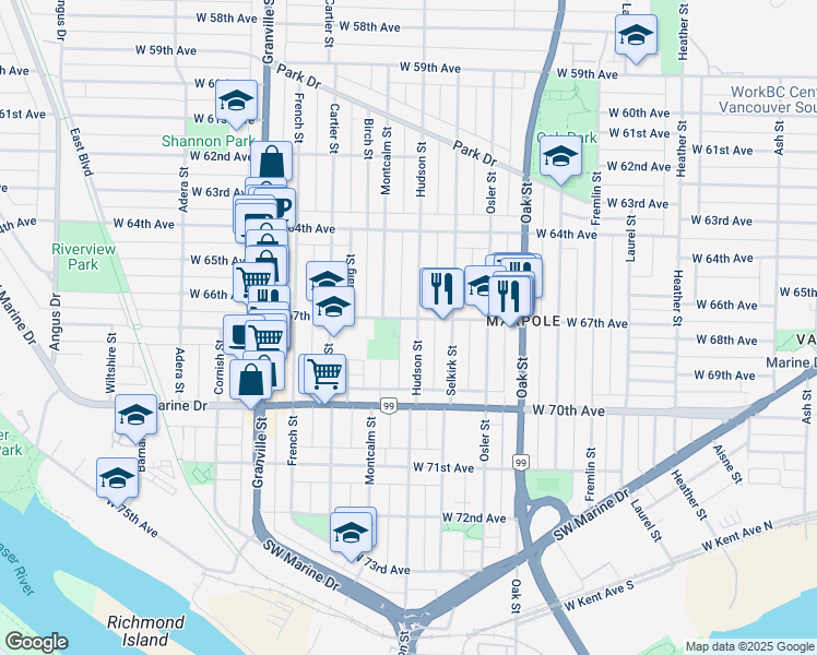 map of restaurants, bars, coffee shops, grocery stores, and more near 8323 Hudson Street in Vancouver