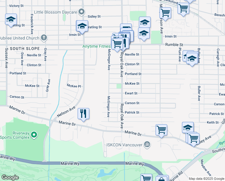map of restaurants, bars, coffee shops, grocery stores, and more near 5125 Ewart Street in Burnaby