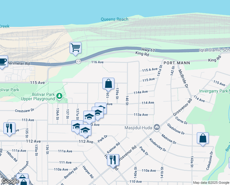map of restaurants, bars, coffee shops, grocery stores, and more near 11455 139A Street in Surrey