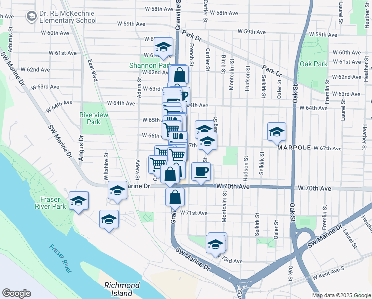 map of restaurants, bars, coffee shops, grocery stores, and more near 8319 French Street in Vancouver