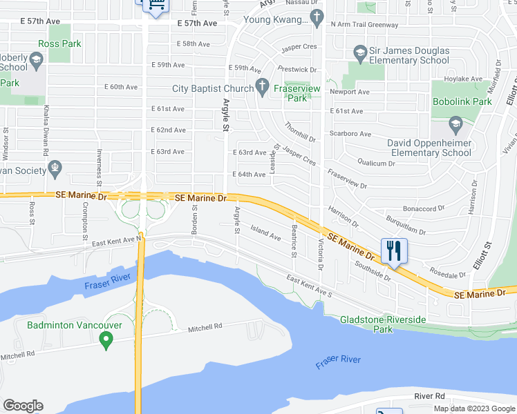 map of restaurants, bars, coffee shops, grocery stores, and more near 1760 Southeast Marine Drive in Vancouver