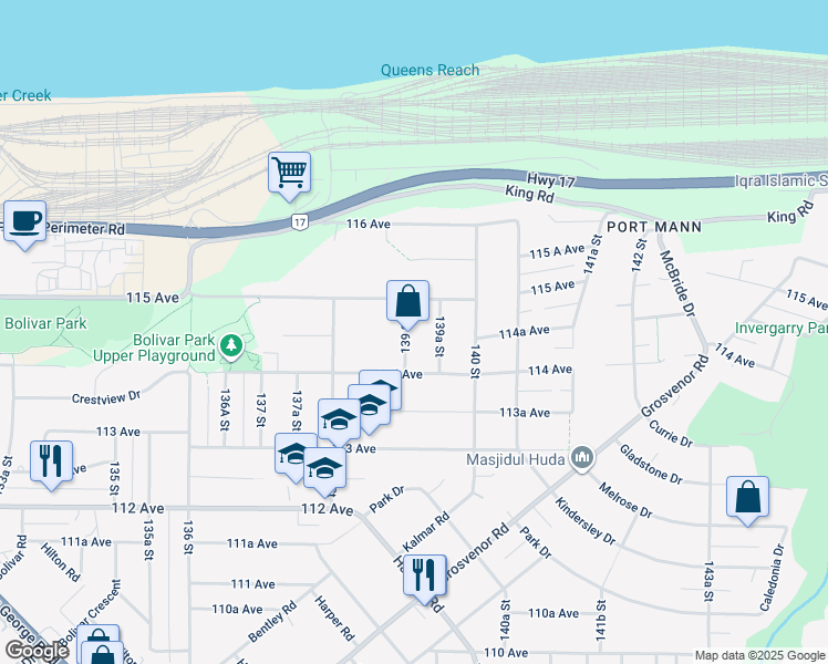 map of restaurants, bars, coffee shops, grocery stores, and more near 11458 139 Street in Surrey