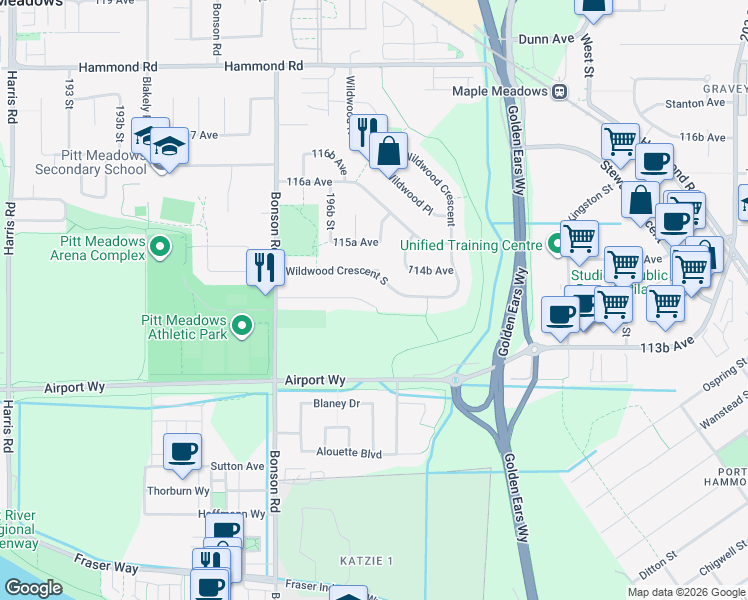 map of restaurants, bars, coffee shops, grocery stores, and more near 19757 Joyner Place in Pitt Meadows