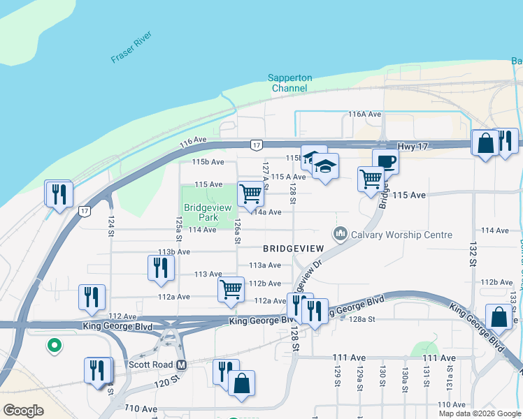 map of restaurants, bars, coffee shops, grocery stores, and more near 12729 114A Avenue in Surrey