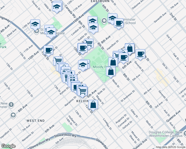 map of restaurants, bars, coffee shops, grocery stores, and more near 634 10th Street in New Westminster