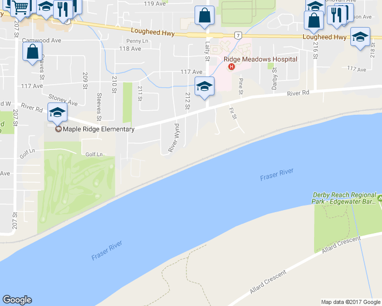 map of restaurants, bars, coffee shops, grocery stores, and more near 11468 212 Street in Maple Ridge