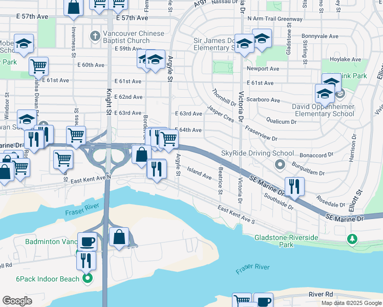 map of restaurants, bars, coffee shops, grocery stores, and more near 1752 Southeast Marine Drive in Vancouver