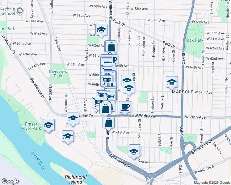 map of restaurants, bars, coffee shops, grocery stores, and more near 8309 French Street in Vancouver