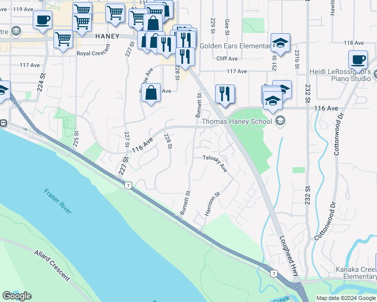 map of restaurants, bars, coffee shops, grocery stores, and more near in Maple Ridge