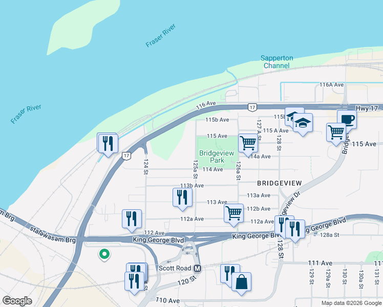 map of restaurants, bars, coffee shops, grocery stores, and more near 11447 125A Street in Surrey