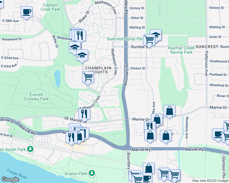map of restaurants, bars, coffee shops, grocery stores, and more near 3649 Brahms Avenue in Vancouver