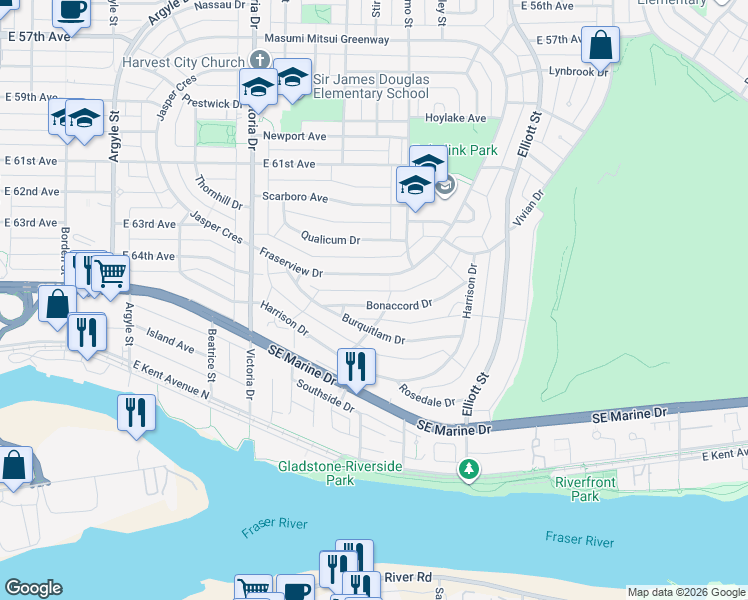 map of restaurants, bars, coffee shops, grocery stores, and more near 2255 Bonaccord Drive in Vancouver