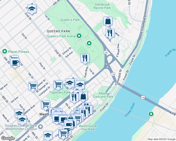map of restaurants, bars, coffee shops, grocery stores, and more near 122 1st Street in New Westminster