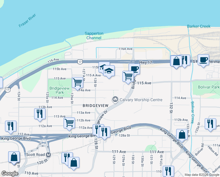 map of restaurants, bars, coffee shops, grocery stores, and more near 12875 114A Avenue in Surrey