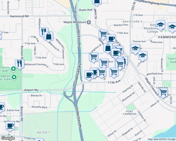 map of restaurants, bars, coffee shops, grocery stores, and more near in Maple Ridge