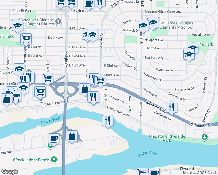 map of restaurants, bars, coffee shops, grocery stores, and more near 1716 Southeast Marine Drive in Vancouver