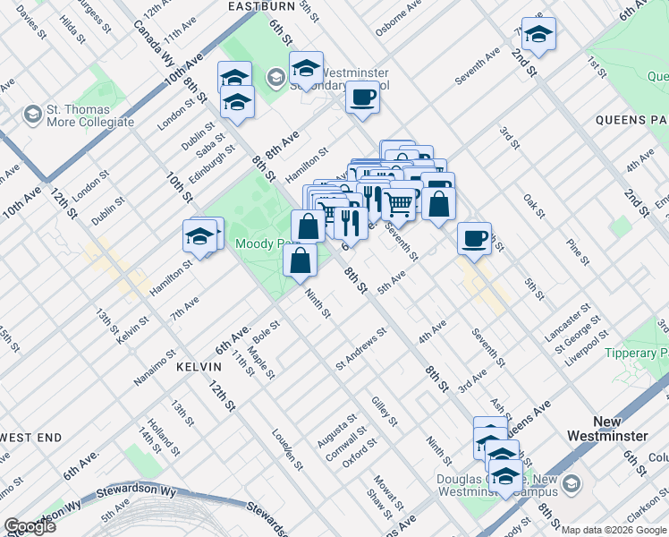 map of restaurants, bars, coffee shops, grocery stores, and more near in New Westminster