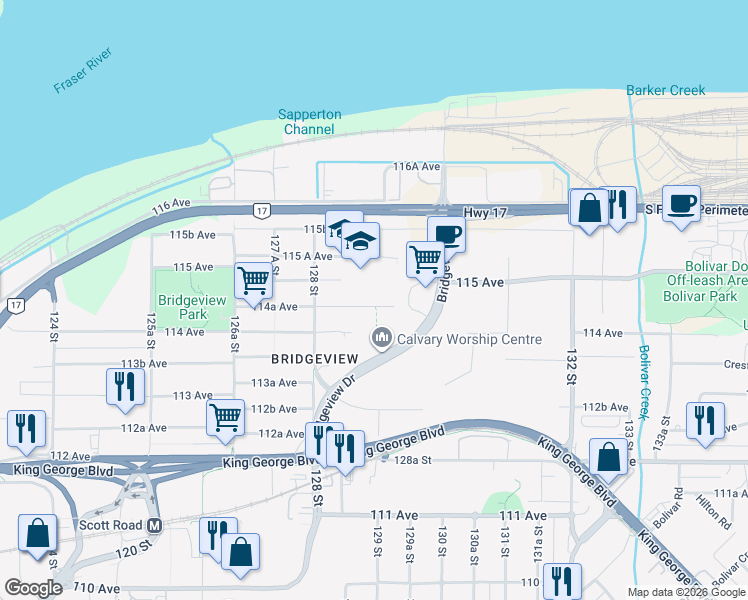 map of restaurants, bars, coffee shops, grocery stores, and more near 12893 114A Avenue in Surrey