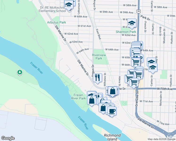 map of restaurants, bars, coffee shops, grocery stores, and more near 1849 Southwest Marine Drive in Vancouver