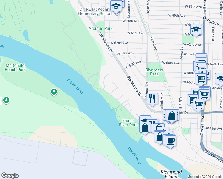 map of restaurants, bars, coffee shops, grocery stores, and more near 8315 Tugboat Place in Vancouver