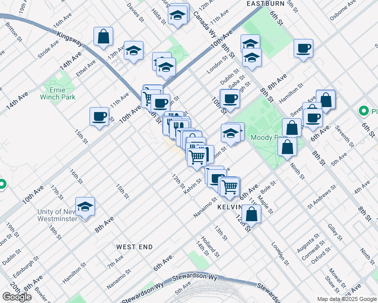 map of restaurants, bars, coffee shops, grocery stores, and more near 1169 8th Avenue in New Westminster